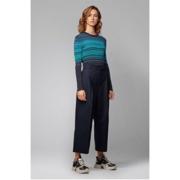 Hugo Boss Women's Knit Top Navy Blue Size Medium Striped Ribbed NWT - Picture 3 of 8